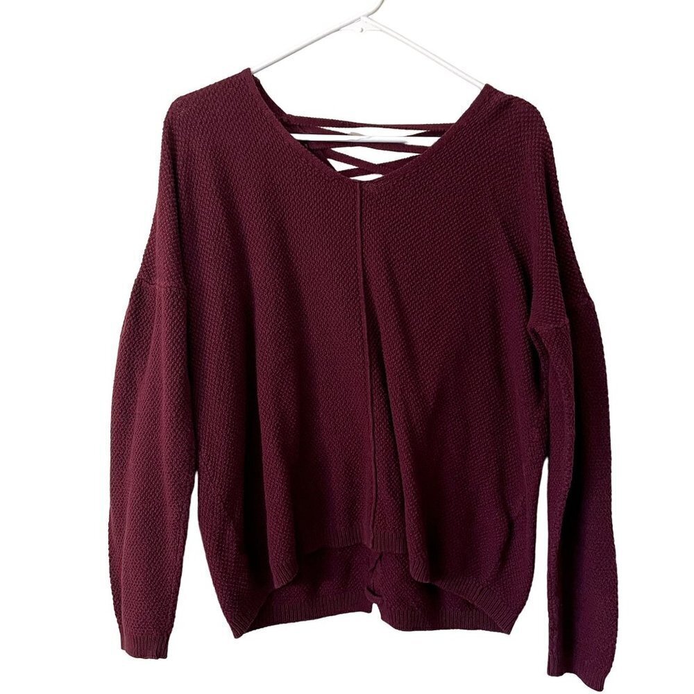 Artesia dark red burgundy long sleeved sweater corset tie back knit top vneck de